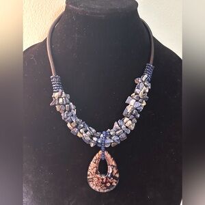 Elegant Blue Stone Necklace with Glass Pendent
